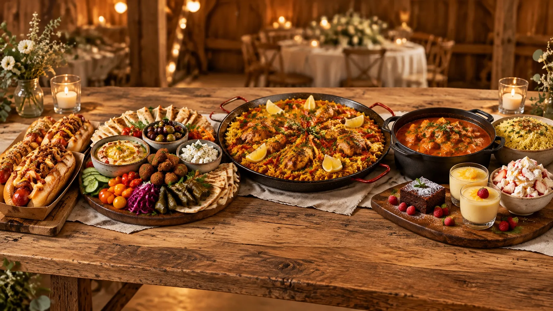A wedding menu spread of gourmet hot dogs, mezze, chicken paella, chicken tikka masala and assorted desserts
